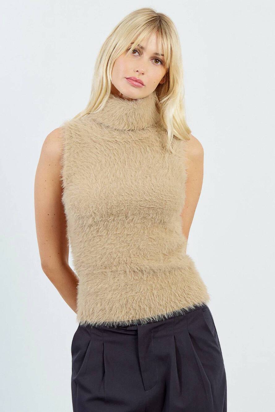 NEW MOLLY BRACKEN fuzzy who? turtleneck sweater top in beige